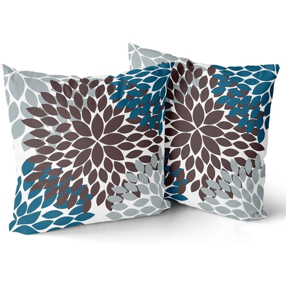 Brown Blue Grey Pillow Covers 18x18 Inch Dahlias Floral Gray Throw Pillows Modern Farmhouse Rustic Pillow Cases Home Decor for Couch Room Bed Cushion Outdoor Set of 2