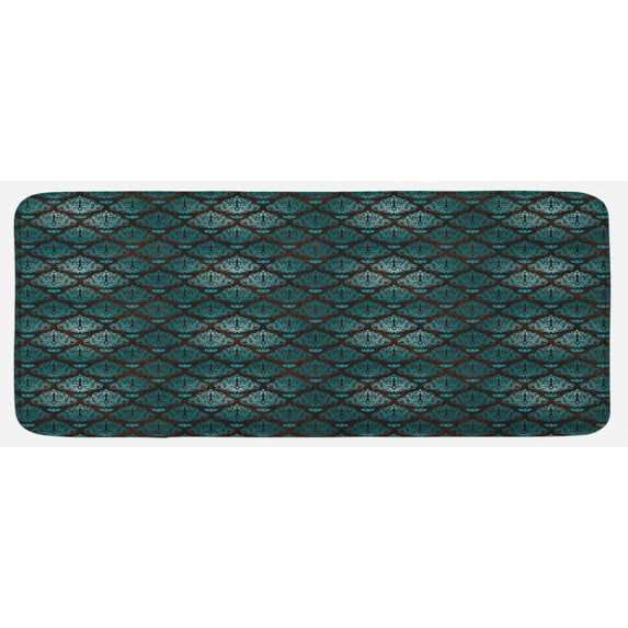 Brown and Blue Kitchen Mat, Abstract Vintage Floral Design Damask Pattern Ornate Grungy Swirls, Plush Decorative Kitchen Mat with Non Slip Backing, 47" X 19", Teal Brown Pale Blue, by Ambesonne