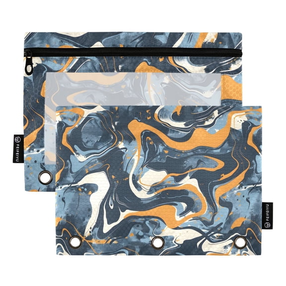 Brown Blue Marble 2 Pack Pencil Pouch for 3 Ring Binder Smooth Zipper Folders with Pockets Clear Window Pencil Case