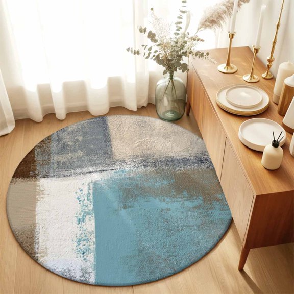 Brown Blue Mottled Texture Round Rug 3ft Abstract Oil Painting Art Washable Area Rugs for Living Room Bedroom Entryway Non Slip Entrance Door Mat Indoor Floor Carpet
