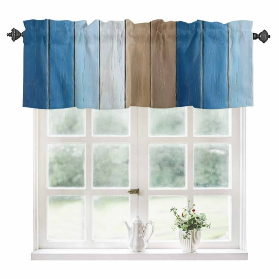 Brown Blue Ombre Kitchen Valances for Windows 42x12 Inch Kitchen Curtains Valances Rod Pocket Vintage Country Wooden Bathroom Window Valances for Window Treatment Decor