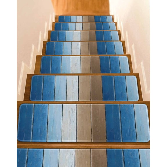 Brown Blue Ombre Stair Treads for Wooden Steps Indoor Runner Rug Carpet, Vintage Country Wooden 4 Pieces Peel and Stick Staircase Step Treads Covers Washable Throw Door Mats, 30"x8"