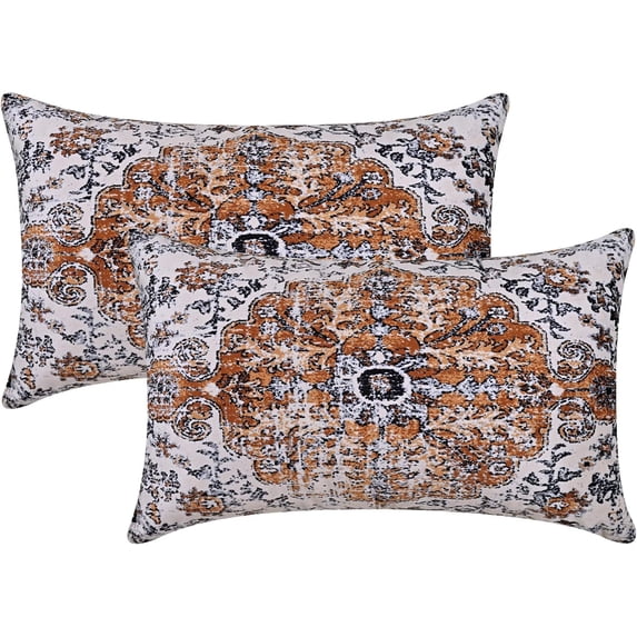 Brown Blue Pillow Covers 12x20 Inch Set of 2, Boho Throw Pillow Covers Velvet Carpet Pattern Decorative Lumbar Pillowcase Ethnic Design Farmhouse Cushion Case for Sofa Couch Outdoor Decor