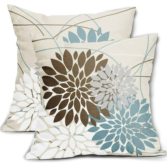 Brown Blue Pillow Covers 18x18 Inch Summer Dahlia Flower Print Pillow Case Farmhouse Outdoor Decor for Home Bedroom Living Room Modern Art Floral Linen Square Cushion Cover, Set of 2