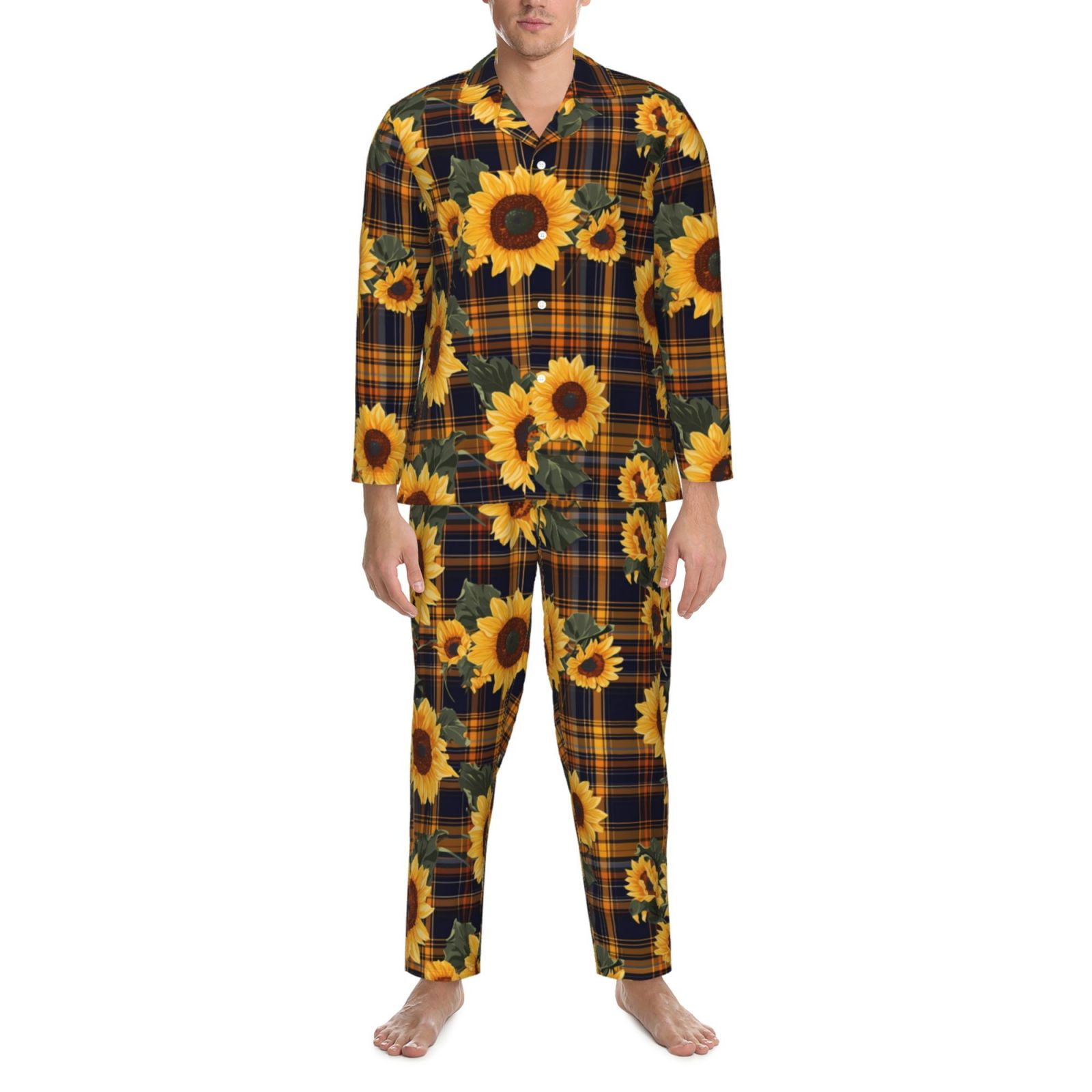 Brown Blue Plaid Sunflower Mens Pajamas Set, Soft Men's Sleepwear Comfy