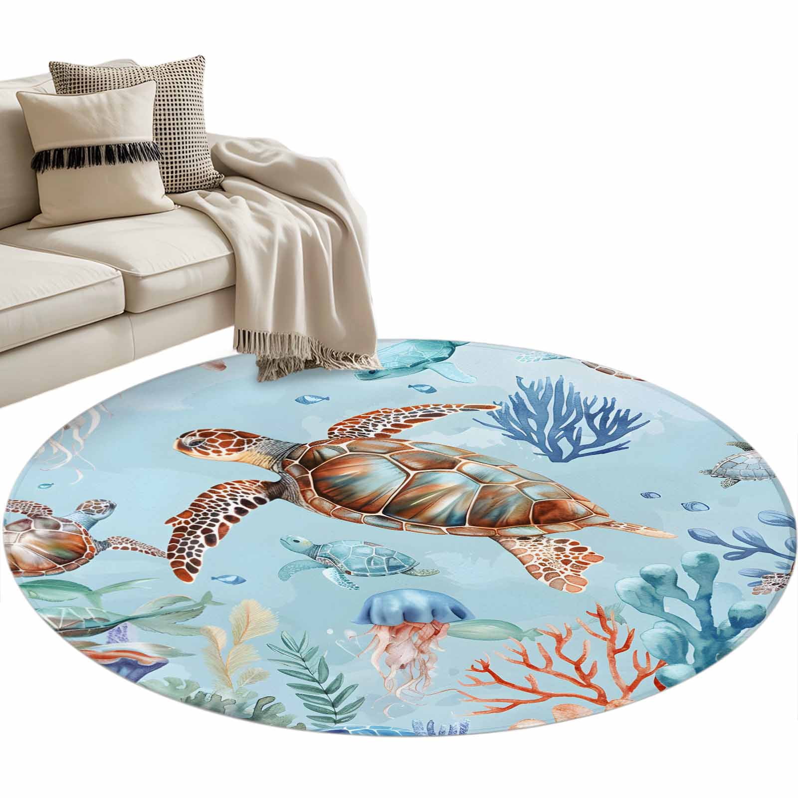 Brown Blue Round Area Rug 3 ft Coastal Sea Turtles Corals Jellyfish ...
