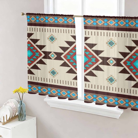 Brown Blue Semi Sheer Window Curtains 54 Inches Long, Green Southwest Ethnic Native American Boho Rod Pocket Voile Silky Chiffon Curtain Light Filtering Drapes for Living Room, 52"x54", 2 Panels