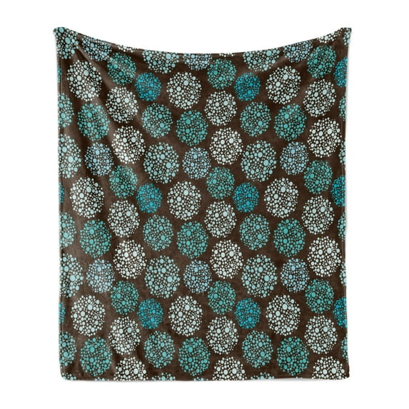 Brown and Blue Soft Flannel Fleece Blanket, Dots Forming Oval Shapes Retro Style Abstract Geometric Vintage, Cozy Plush for Indoor and Outdoor Use, 70" x 90", Brown Turquoise White, by Ambesonne