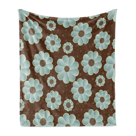 Brown and Blue Soft Flannel Fleece Blanket, Retro Daisy Pattern with Polka Dot Background Abstract Design, Cozy Plush for Indoor and Outdoor Use, 50" x 70", Brown Pale Seafoam Umber, by Ambesonne