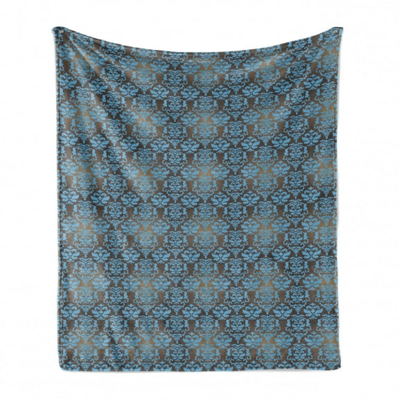 Brown and Blue Soft Flannel Fleece Throw Blanket, Damask Motifs with Grandiloquent Baroque Curls Bulky Leaves, Cozy Plush for Indoor and Outdoor Use, 60" x 80", Taupe and Blue, by Ambesonne