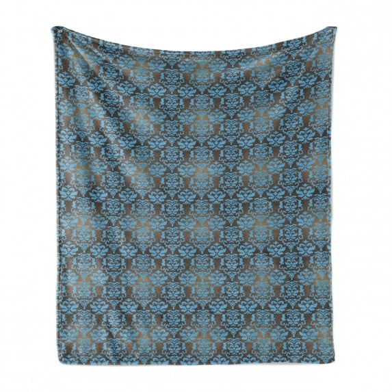 Brown and Blue Soft Flannel Fleece Throw Blanket, Damask Motifs with Grandiloquent Baroque Curls Bulky Leaves, Cozy Plush for Indoor and Outdoor Use, 60" x 80", Taupe and Blue, by Ambesonne