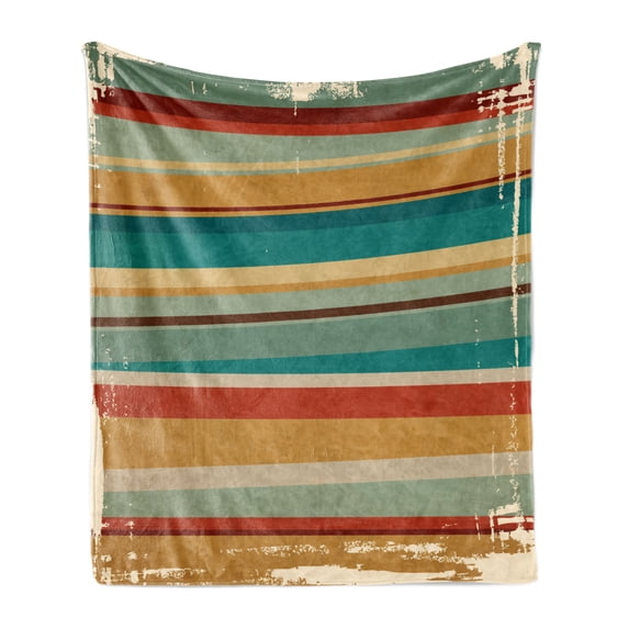 Brown and Blue Soft Flannel Fleece Throw Blanket, Geometric Stripes Pattern Retro Inspired Lines Worn Frame Design Abstract, Cozy Plush for Indoor and Outdoor Use, 60" x 80", Multicolor, by Ambesonne