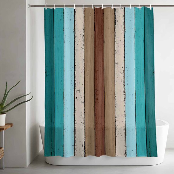 Brown Blue Striped Bathroom Shower Curtain, Modern Vintage Wood Texture Rectangle Waterproof Washable Soft Bath Curtain for Bathtub Decor with 12 Hooks&Grommet, 48x72in