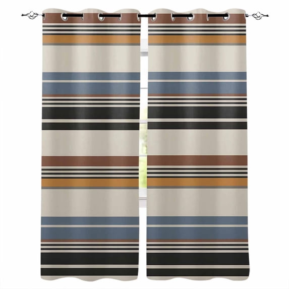 Brown Blue Striped Blackout Curtains for Bedroom Living Room Darkening Curtains 63 Inches Long Farmhouse Vintage Stripe Window Curtain 2 Panels Set Insulated Window Treatment Grommet Drapes 42"x63"