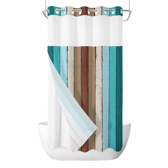 Brown Blue Striped No Hook Shower Curtain and Snap in Liner Set, Modern Vintage Wood Texture Rectangle Waterproof Shower Curtain Liner Set with Mesh Top Window for Bathroom 36x78in