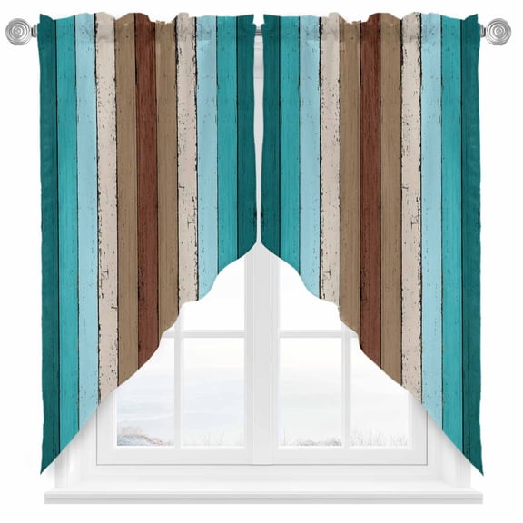 Brown Blue Striped Swag Curtain Valance for Windows, Modern Vintage Wood Texture Rectangle Window Treatments Short Swag Topper for Kitchen Windows Bathroom Bedroom, 36"x63"