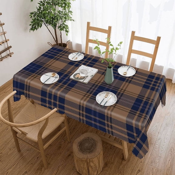 Brown And Blue Tartan Plaid Rectangular Tablecloth 55"x70" with Lace Edge, Washable Durable Table Cover for Dining, Indoor Outdoor Home Restaurant Decor