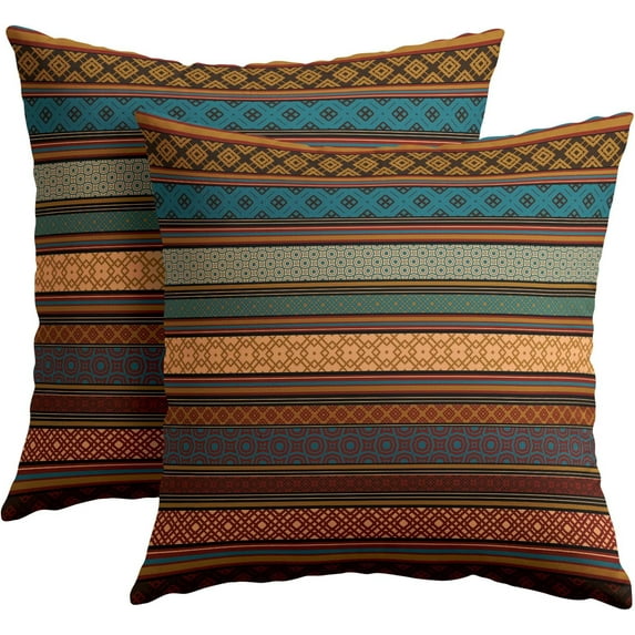 Brown Blue Teal Pillow Covers 18x18 Inch Set of 2 Bohemian Multicolor Stripes Decorative Throw Pillows Retro Southwest Geometric Boho Mexican Pillow Cases Home Decor for Sofa Couch Outdoor