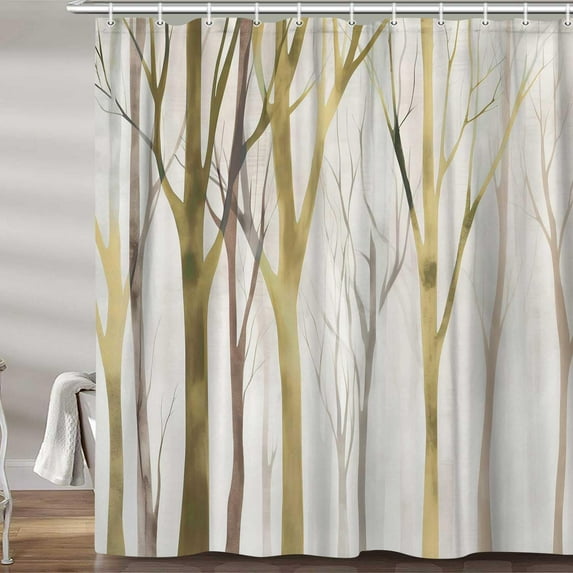 Brown Blue Tree Fabric Shower Curtain, Art Style Abstract Birch Forest Rustic Wood Polyester Fabric Waterproof Bath Curtain, Farmhouse Bathroom Shower Curtains with Hooks 60X72 inch