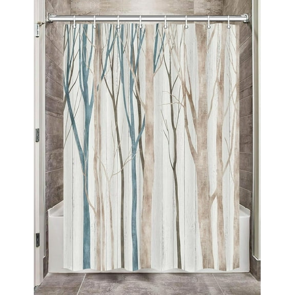 Brown Blue Tree Fabric Shower Curtain, Art Style Abstract Birch Forest Rustic Wood Polyester Fabric Waterproof Bath Curtain, Farmhouse Bathroom Shower Curtains with Hooks 72X72 inch