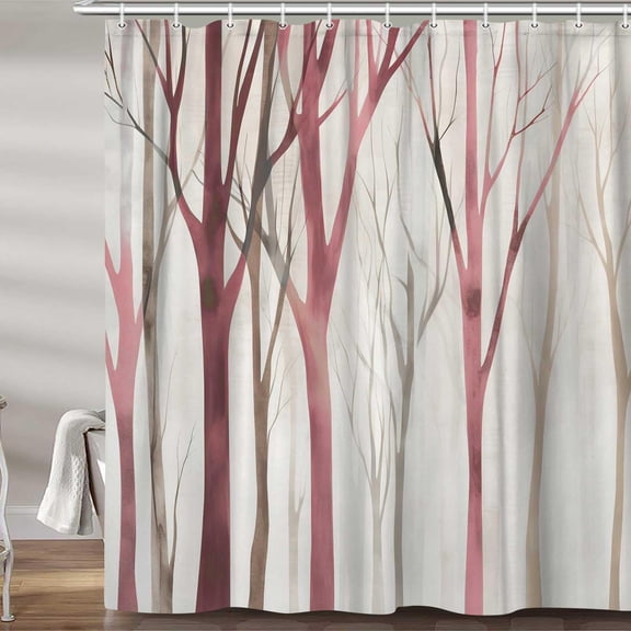 Brown Blue Tree Fabric Shower Curtain, Art Style Abstract Birch Forest Rustic Wood Polyester Fabric Waterproof Bath Curtain, Farmhouse Bathroom Shower Curtains with Hooks 60X72 inch