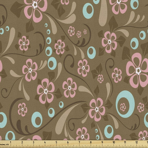 Ambesonne Brown and Blue Fabric by the Yard Upholstery, Swirls Circles, 5 Yards, Caramel Pale Blue Coral