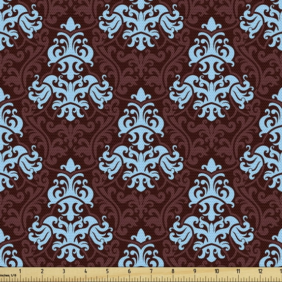 Brown and Blue Upholstery Fabric by the Yard, Victorian Antique Foliage Motifs with Baroque Curlicues Renaissance Pattern, Decorative Fabric for DIY and Home Accents, 2 Yards, Brown Blue by Ambesonne