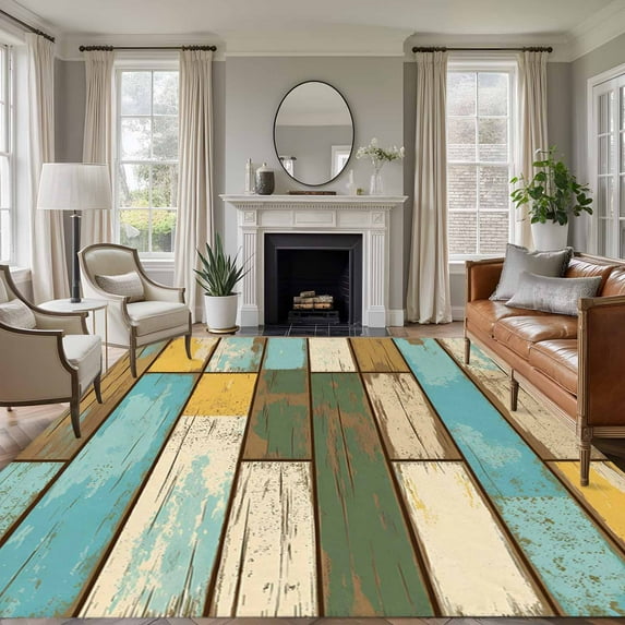 Brown Blue Vintage Area Rugs 5'x7', Washable Small Throw Rugs for Laundry Room Playroom, Retro Farmhouse Elegant Pastoral Indoor Outdoor Rug Non-Slip Low Pile Carpet Runner Reversible Floor Mats