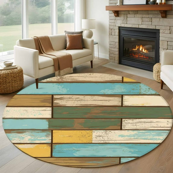 Brown Blue Vintage Round Area Rug 7Ft Washable Circle Rugs for Dorm Laundry Room, Retro Farmhouse Elegant Pastoral Non-Slip Carpet Floor Mats Indoor Outdoor Carpet Runner Aesthetic Home Decor
