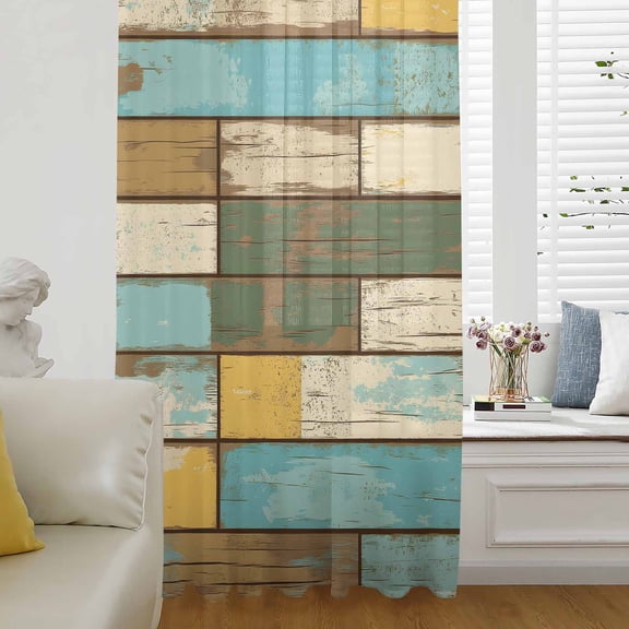 Brown Blue Vintage Semi Sheer Curtains Drapes for Living Room, Bedroom, French Doors Window 54 Inches Long, Retro Farmhouse Elegant Pastoral Rod Pocket Chiffon Curtain Drapery Voile Draperies Panel