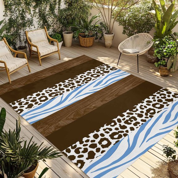 Brown Blue Western Outdoor Rug, Tiger and Leopard Print Vertical Stripes Non-Slip Area Rugs Carpet Breathable Large Floor Mat for Outdoors Patio Porch Deck Beach 3’ x 5’
