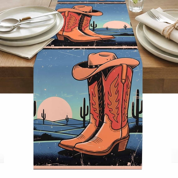 Brown Blue Western Table Runner Vintage Cactus Watercolor Botanical ...