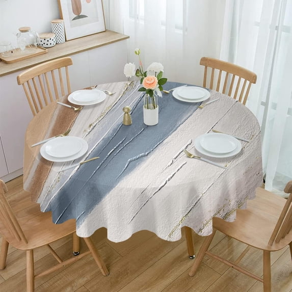 Brown Blue White Round Tablecloth 60 Inch - Waterproof Fabric Table Cloth Protector, Modern Oil Painting Abstract Art Aesthetics Tablecloths Washable Table Cover for Kitchen Banquet Coffee Table Party