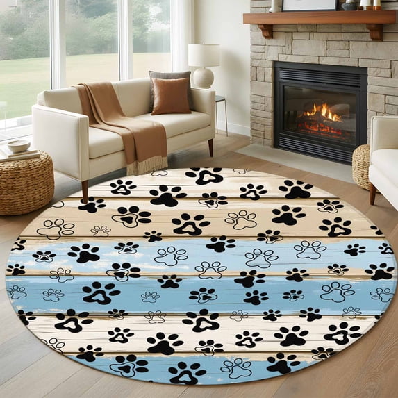 Round Pet Rug Brown Blue Wood Grain 7FT Round Area Rugs for Living Room Dog Cat Paw ...