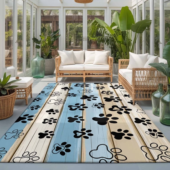 Brown Blue Wood Grain 9'x12' Large Area Rugs Dog Cat Paw Washable Area Rugs Non-Slip Indoor Floor Mats Large Carpet for Living Room Bedroom Dining Room