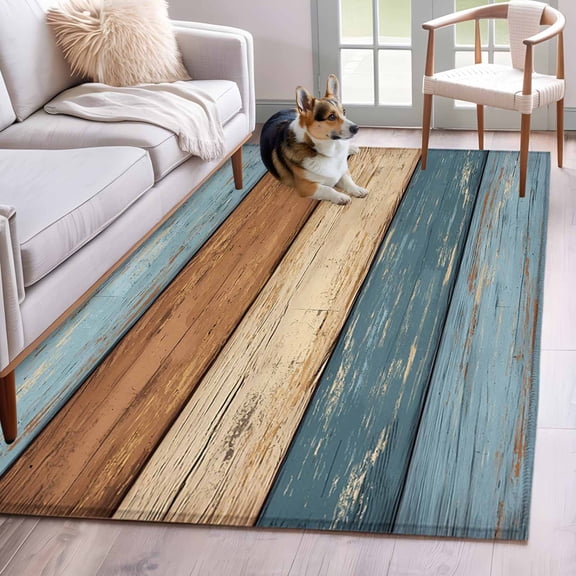 Brown Blue Wood Grain Area Rugs 3x5 ft Vintage Striped Farm Country Style Washable Rug Non Slip Indoor Carpet Absorbent Floor Mat for Living Room Bedroom Dining Room