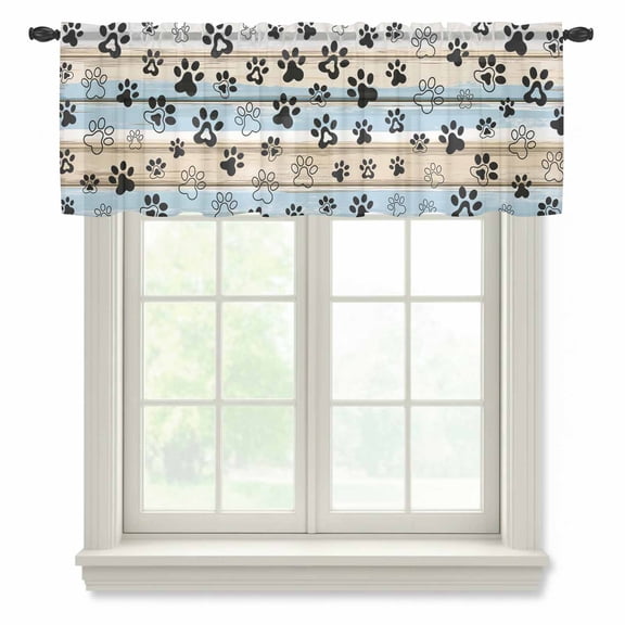 Brown Blue Wood Grain Semi Sheer Valance Curtains Dog Paw Voile Valances Curtain Rod Pocket Small Window Treatment for Kitchen Bathroom Cafe 42"x12"