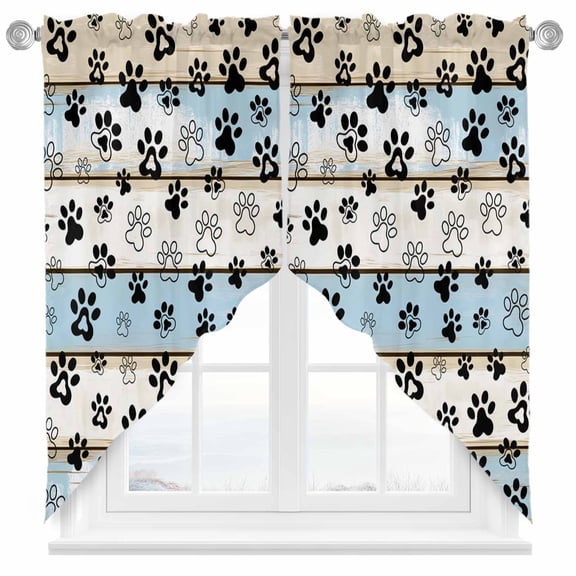 Brown Blue Wood Grain Swag Curtain Valance for Windows, Cute Dog Paw Window Treatments Short Swag Topper for Kitchen Windows Bathroom Bedroom, 28"x36"