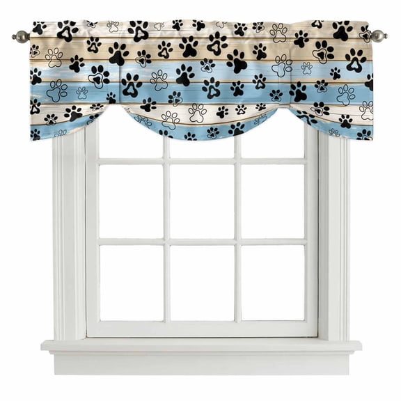 Brown Blue Wood Grain Tie Up Window Valance Dog Cat Paw Cute Animal Paw Tie-up Valance for Kitchen Windows Adjustable Small Curtain Balloon Shades for Kitchen Bathroom Cafe 42x12inch