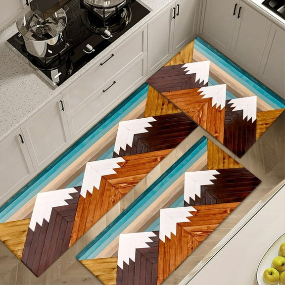 Brown BlueWood Textured Mountain Rug Colorful Patchwork Rugs Farmhouse Kitchen Rugs Sets 3 Piece with Runner Soft Kitchen Carpets and Rug Non Slip Washable for Entryway Front Door Laundry