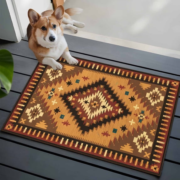 Brown Bohemia Turkish Pattern 2x3 Area Rugs for Living Room, Retro Ethnic Style Non Slip Floor Mat Washable Low-Profile Indoor Carpet for Bedroom, Dining Room, Bathroom