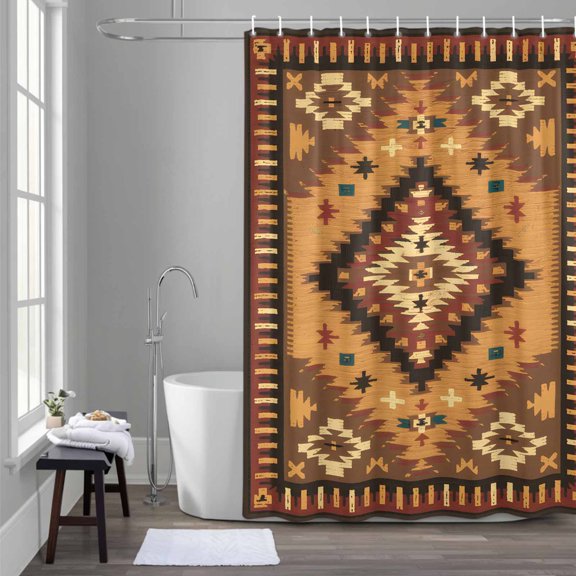 Brown Bohemia Turkish Pattern Shower Curtain for Bathroom Decor, Retro Ethnic Style Waterproof Fabric Shower Curtain, 60"x72" Set with 12 Hooks