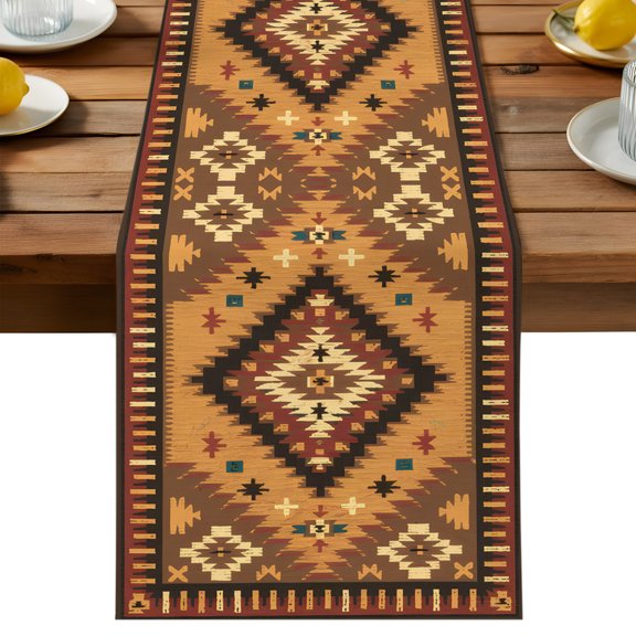 Brown Bohemia Turkish Pattern Table Runner, Retro Ethnic Style Cotton Linen Table Cloth, Tablerunner for Kitchen Dining Party Wedding Home Decor 13x36 Inch