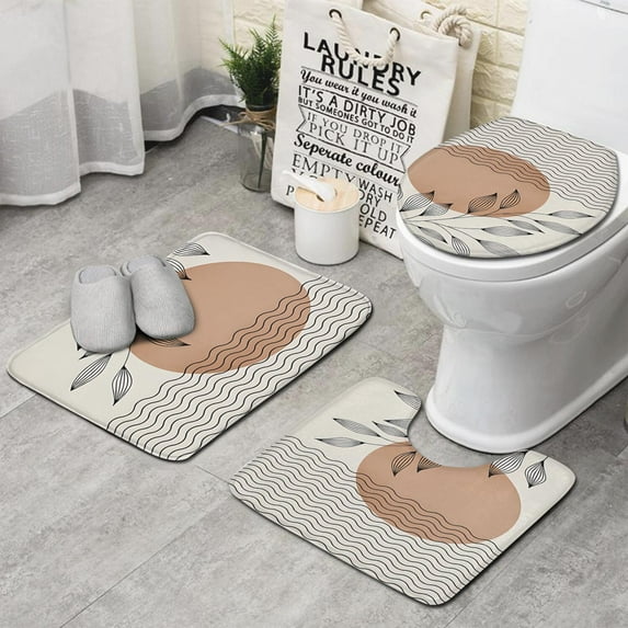 Brown Boho Abstract and Plant Pattern Bathroom Rugs Sets 3 Piece,Toilet Cover Set,Absorbent Non Slip Bathroom Mats Sets with U-Shaped Contour Rug Toilet Rug Set
