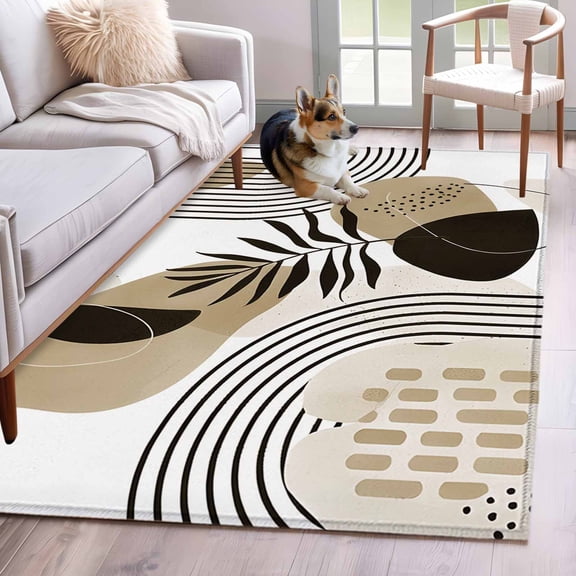 Brown Boho Area Rugs 3x5 ft Medieval Leaves Geometric Lines Abstract Washable Rug Non Slip Indoor Carpet Absorbent Floor Mat for Living Room Bedroom Dining Room