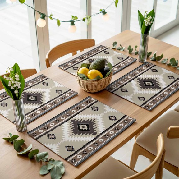 Brown Boho Aztec Geometric Placemats Set of 4,Wipeable Washable Table Mats for Dining Tables, Farm Ethnic Southwest Wind Place Mats for Kitchen Event Party Tabletop Decor