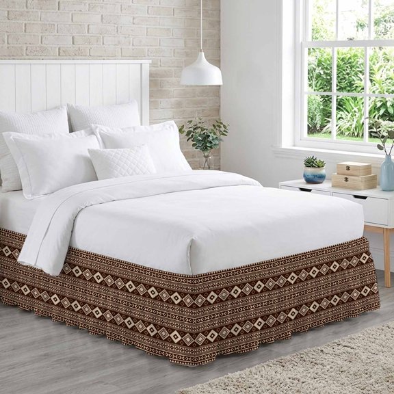 Brown Boho Bed Skirt Queen Size 18 Inch Drop, Moroccan Geometric Striped Folk Modern Farm Umber Adjustable Elastic Dust Ruffles Bedskirt for Queen Bed Wrap Around Pleated Mattress Frame Cover