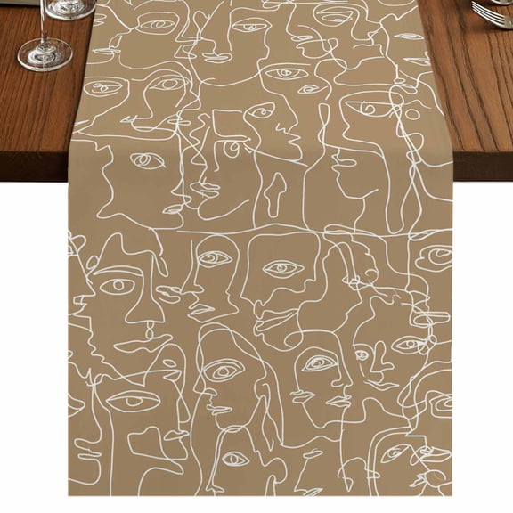 Brown Boho Burlap Cotton Table Runner 13x36 Inches Short, Modern Minimalist Feminine Face Lines Farmhouse Table Runners, Outdoor Dining Table Decor for Baby Shower/Party/Wedding