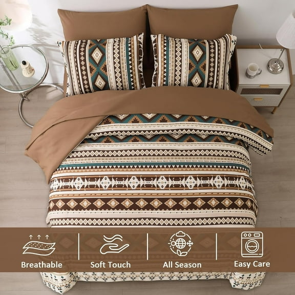 Brown Boho Comforter Set Queen Size 7 Pieces Bed in a Bag with Sheets Geometric Striped Complete Set for Fall Winter