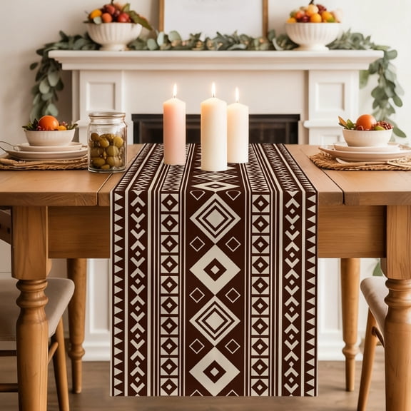 Brown Boho Dining Table Runner, Moroccan Geometric Striped Folk Modern Farm Umber Washable Table Runners Kitchen Coffee Table Center Decor for Home Party Holiday Wedding 13 x 48 Inches